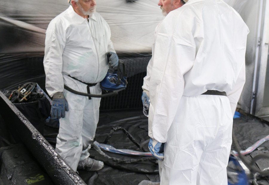 Two trainees standing over a freshly sprayed panel inside the booth